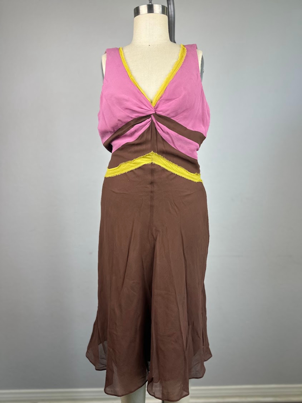 Bcbgmaxazria Silk Colorblock Chiffon Maxi Dress Pink Brown Yellow Size 2